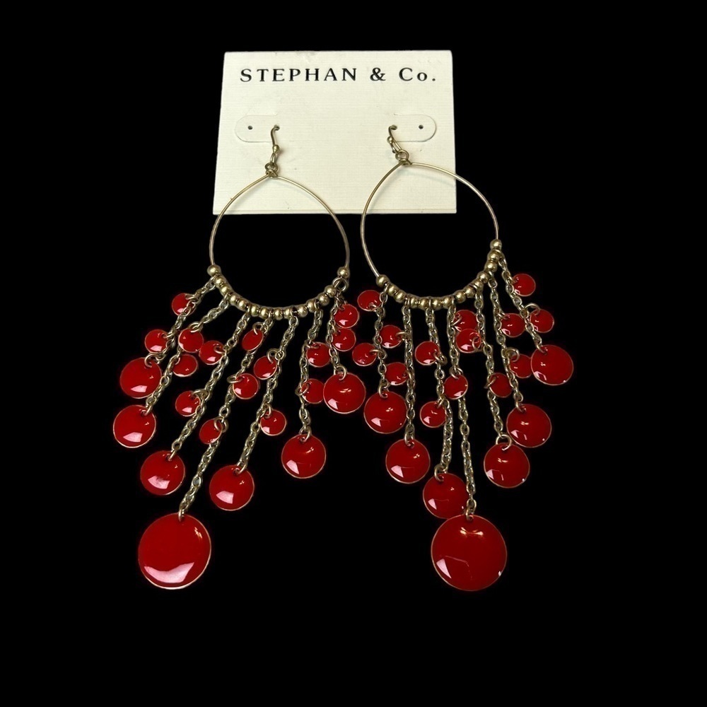 Stephan & Co. Red & Gold Hoop & Hook Drop Dangle Earrings - Picture 1 of 9